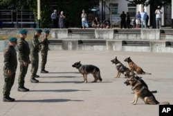 Polish army dogs and their handlers are seen during a ceremony in Nowy Dwor Mazowiecki, Poland, Sept. 6, 2024.