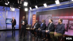 (left to right): VOA Director David Ensor, STA Host Shaka Ssali, Ambassador H.E. Bockari K. Stevens, Dr. Malonga Miatudila, Ebola survivors Dr. Rick Sacra and Ashoka Mukpo