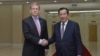 U.S. Ambassador to Cambodia, W. Patrick Murphy shakes hand with Cambodia’s Prime Minister Hun Sen, during a meeting at the Peace Palace, in Phnom Penh, on Oct. 23, 2019. (Courtesy photo of U.S. Embassy Phnom Penh, Cambodia) 