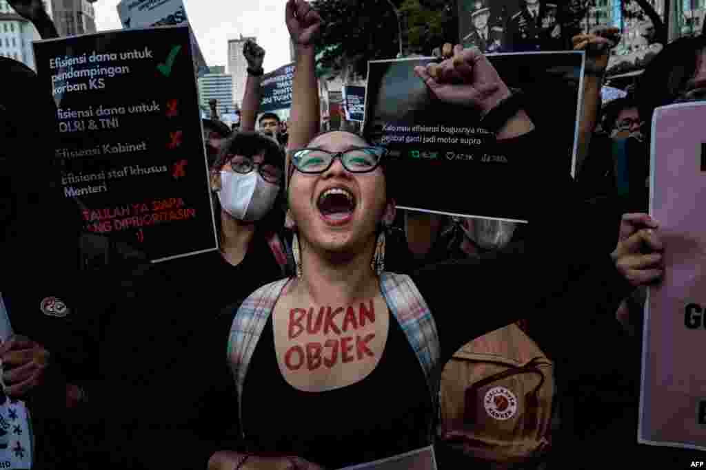 Protesters attend a demonstration against President Prabowo Subianto&#39;s government, calling for various demands including reviews of government budget cuts and the free nutritious meal program for schools, in Jakarta.