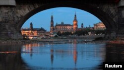 The skyline of Dresden's old town district is seen while water level in Elbe river dropped to an extreme low this summer in Dresden, Germany