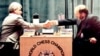 FILE - Russian-born chess master Boris Spassky, left, shakes hands with US master Bobby Fischer at the beginning of their first match in the Hotel Maestral in Sveti Stefan, Montenegro, on Sept. 2, 1992. 