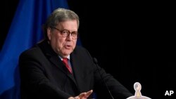 Attorney General William Barr speaks at the National Sheriffs' Association Winter Legislative and Technology Conference in Washington, Monday, Feb. 10, 2020. (AP Photo/Susan Walsh)