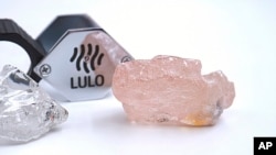 This photo supplied by Lucapa Diamond Company on Wednesday, July 27, 2022, shows the 170 carat pink diamond, right, recovered from Lulo, Angola.