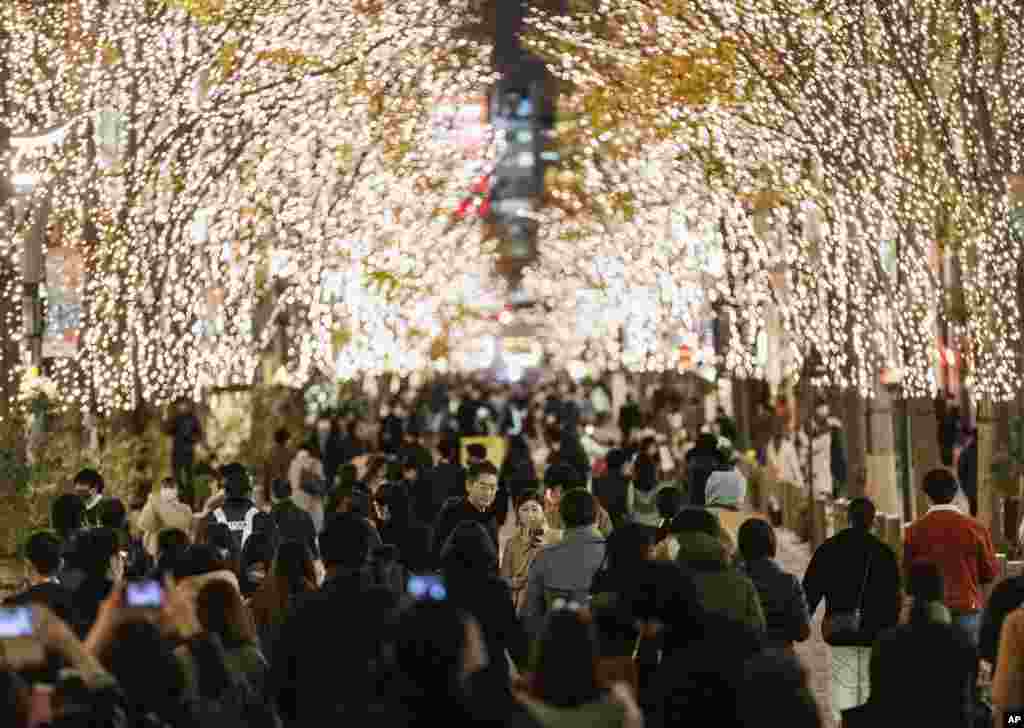 People walk on a street illuminated with lightings on trees during &quot;vehicle-free hours&quot; in Tokyo, Japan.