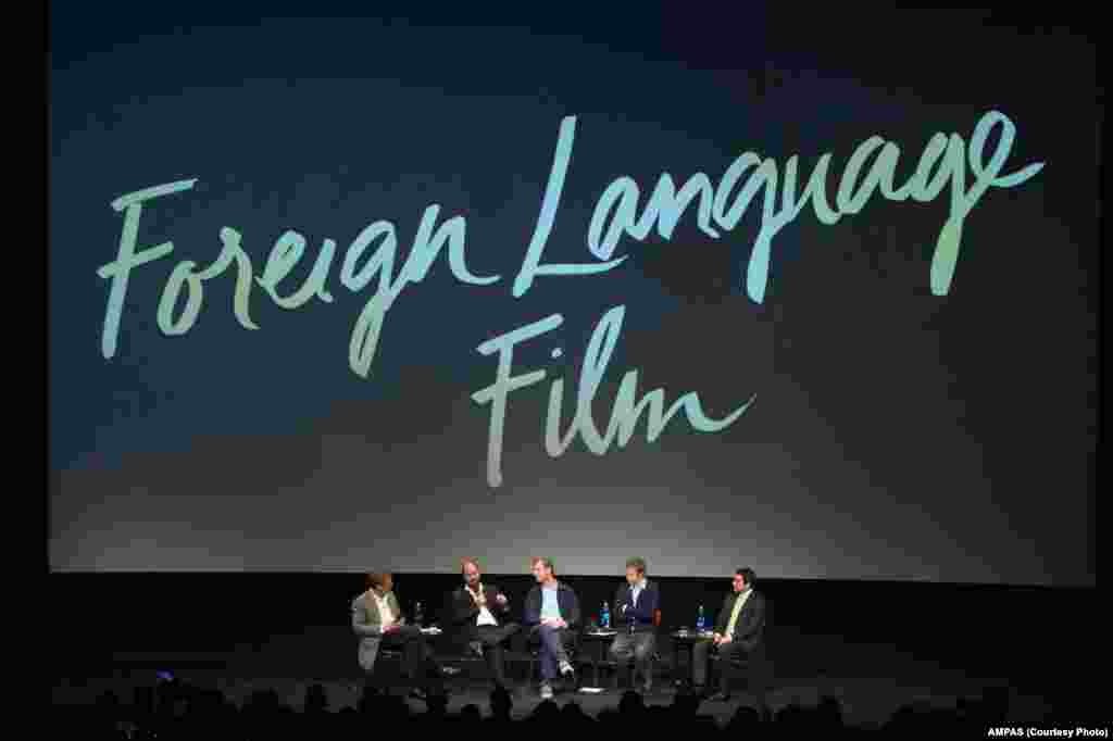 From left: Academy Governor Mark Johnson with the Directors of the Oscar® nominated foreign film category Ciro Guera, “Embrace of the Serpent”, Tobias Lindholm, “A War”, László Nemes, “Son of Saul”, and Naji Abu Nowar, “Theeb” at the Academy of Motion Picture Arts and Sciences' “Oscar Week: Foreign Language Films” event on Feb. 27, 2016 at the Samuel Goldwyn Theater in Beverly Hills.