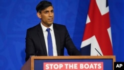 FILE - Britain's Prime Minister Rishi Sunak gives an update on the plan to "stop the boats" and illegal migration during a press conference in the Downing Street Briefing Room in London, Thursday Dec. 7, 2023.