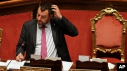 Italian Deputy-Premier and Interior Minister Matteo Salvini addresses the Senate in Rome, July 11, 2019. 