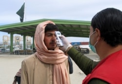FILE - A health worker takes the temperature of a man, who returned from Afghanistan, following the coronavirus outbreak, outside a medical camp near the Friendship Gate, at the Pakistan-Afghanistan border town of Chaman, Pakistan, Feb. 26. 2020.