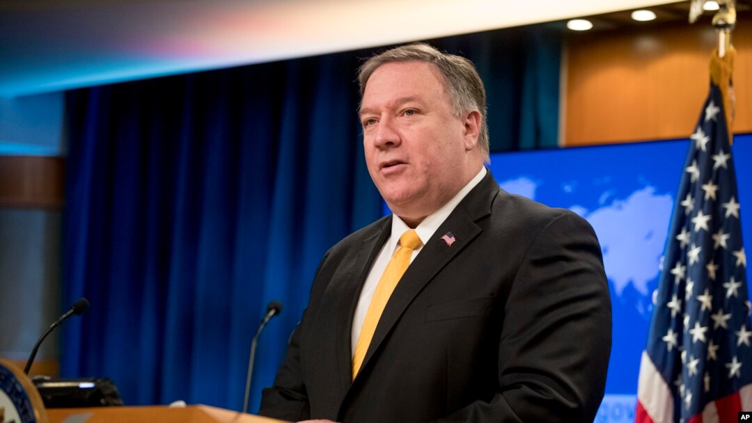 Sekretaris Negara Mike Pompeo dalam konferensi pers di Departemen Luar Negeri, Washington, D.C., 1 Februari 2019.