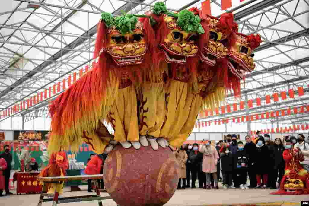 Folk artists perform a lion dance during the Lunar New Year celebrations in a village in Zhangjiakou, in China&#39;s Hebei province.