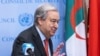 U.N. Secretary-General Antonio Guterres greets journalists after speaking about the Israel and Hamas ceasefire deal outside the Security Council at the U.N. Headquarters in New York on Jan. 15, 2025.