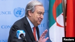 FILE - U.N. Secretary-General Antonio Guterres exits the podium after speaking about the Israel and Hamas ceasefire deal outside the Security Council at the United Nations Headquarters in New York City, Jan. 15, 2025.