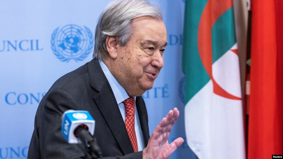 FILE - United Nations Secretary-General Antonio Guterres speaks at the United Nations Headquarters in New York, Jan. 15, 2025.