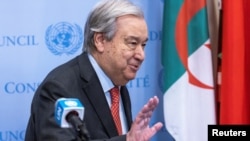 FILE - United Nations Secretary-General Antonio Guterres speaks at the United Nations Headquarters in New York, Jan. 15, 2025.