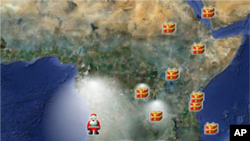 This Google map created by NORAD shows Santa over West Africa as he moves around the globe.