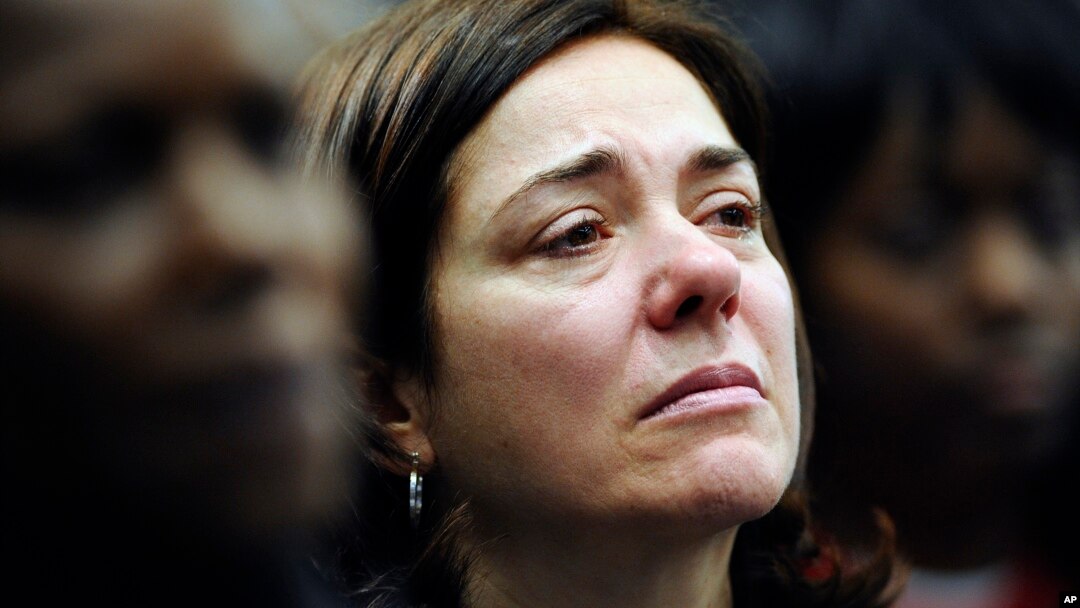 Francine Wheeler, mother of Sandy Hook Elementary School shooting victim Benjamin Wheeler, cries as she listens to Vice President Joe Biden speak during a gun violence conference in Danbury, Conn., Feb. 21, 2013.