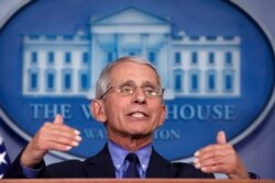FILE - Dr. Anthony Fauci, director of the National Institute of Allergy and Infectious Diseases, speaks about the coronavirus in the James Brady Press Briefing Room of the White House, April 17, 2020, in Washington.
