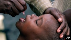 In this file photo taken on Jan. 25, 2002, a Congolese child is given a polio vaccination at a relief camp near Gisenyi, Rwanda. 