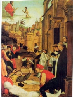 سن سباستین در حال طلب دعا از عیسی مسیح برای نجات جان قبرکنی که به طاعون مبتلا شده است - اثری از نقاش بلژیکی، یوس لیفریکس ۱۴۹۷ - ۱۴۹۹