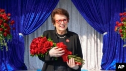 Tennis great Billie Jean King is pictured after being named next year's grand marshal of the Rose Parade, at Tournament House in Pasadena, Calif., Oct. 7, 2024. King marked the 50th anniversary of her Women's Sports Foundation on Oct. 16 in New York.