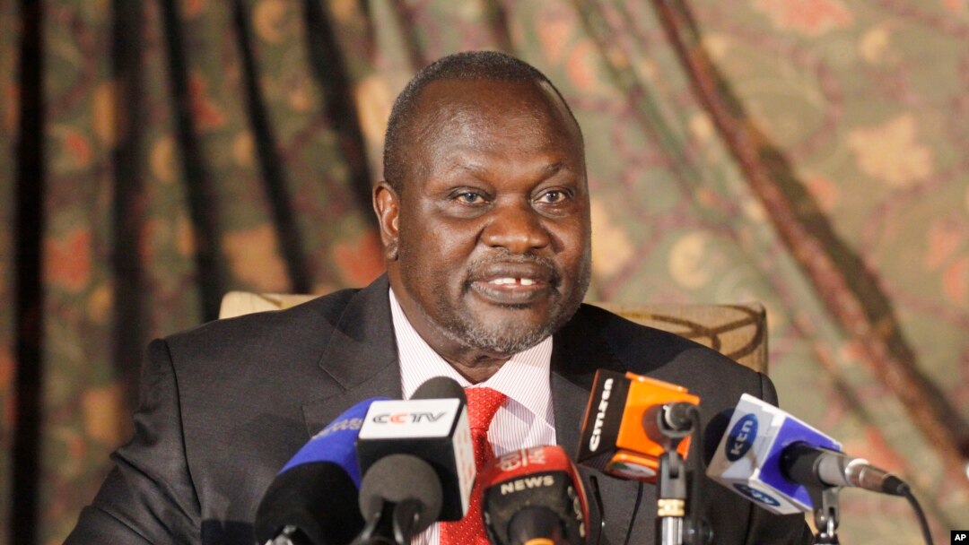 FILE - South Sudan rebel leader Riek Machar addresses journalists during a news conference in Nairobi, Kenya, July 8, 2015. 