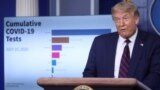 U.S. President Donald Trump speaks in front of a chart on coronavirus testing during a coronavirus response news briefing