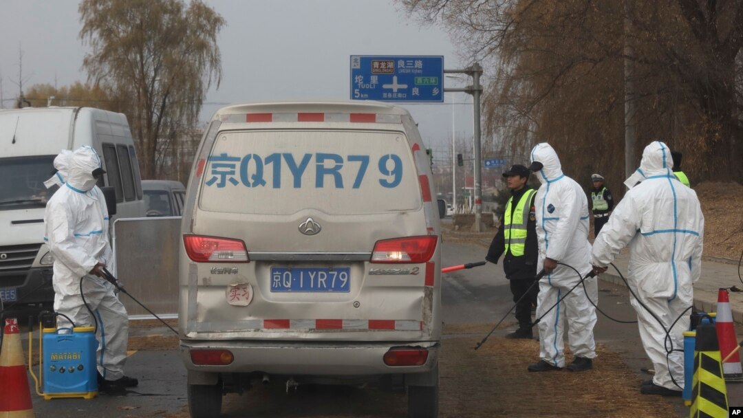 Para pekerja menyemprotkan cairan disinfektan ke kendaraan yang melintas setelah wabah flu babi merebak di pinggiran Kota Beijing, China, 23 November 2018.