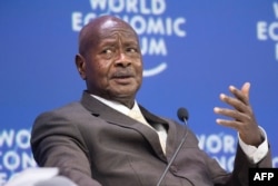 FILE - Yoweri Museveni, president of Uganda, speaks during the World Economic Forum’s Africa meeting at the Cape Town International Convention Centre, Sept. 4, 2019.