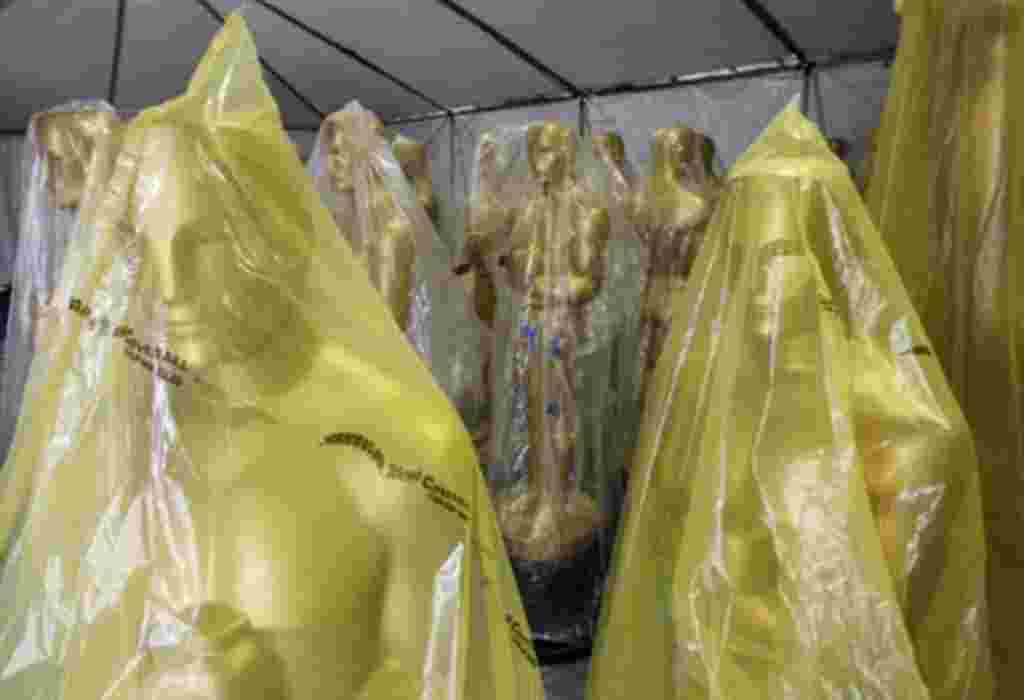 Oscar statues stored in a tent during preparations for the 83rd annual Academy Awards in Hollywood. The Oscars will be presented this Sunday.