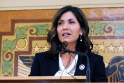 FILE - South Dakota Gov. Kristi Noem speaks in Pierre, S.D., in January 2019.