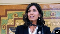 FILE - South Dakota Gov. Kristi Noem, pictured in January 2019 in Pierre, S.D., traveled to Rapid City to help oversee the fire response on March 30, 2021.