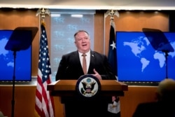 FILE - Secretary of State Mike Pompeo speaks during a news conference at the State Department in Washington, July 15, 2020.