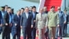 Chinese Premier Li Qiang arrives at the Noor Khan military airbase near Islamabad, where he is greeted by Pakistani Prime Minister Shehbaz Sharif, Oct 14, 2024. (Courtesy: Prime Minister Sharif's office)