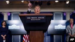 President Donald Trump speaks about the coronavirus in the James Brady Press Briefing Room of the White House, April 7, 2020, in Washington. 