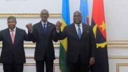 Presidente angolano, João Lourenço (esq), Presidente do Ruanda, Paul Kagame, (cen) e Presidente da República Democrática do Congo, Félix Tshisekedi,(esq) Luanda, 21 Agosto 2019