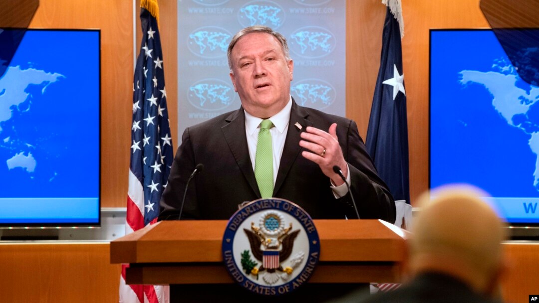 Menteri Luar Negeri AS, Mike Pompeo memberikan keterangan pers di Washington DC, Rabu (20/5). 