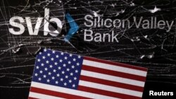 Illustration shows destroyed SVB (Silicon Valley Bank) logo and U.S. flag