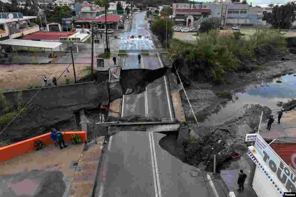 A drone view shows a damaged bridge following floods caused by Storm Bora, in Faliraki, on the island of Rhodes, Greece.