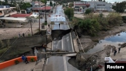 A drone view shows a damaged bridge following floods caused by Storm Bora, in Faliraki, on the island of Rhodes, Greece, Dec. 2, 2024. 