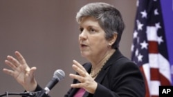 Homeland Security Secretary Janet Napolitano gestures while discussing the department's enforcement of immigration laws, at American University in Washington, October 5, 2011.