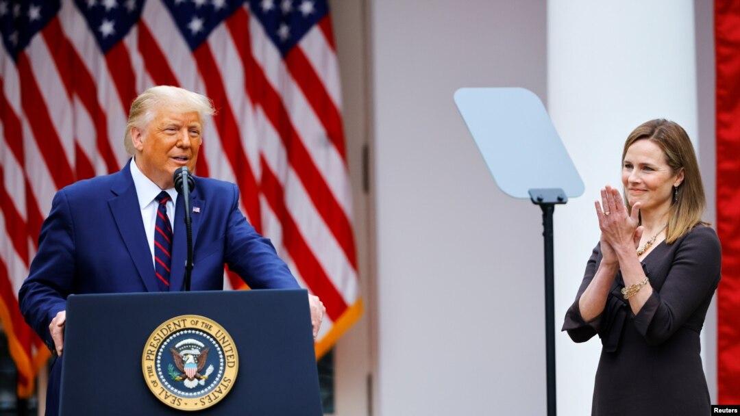U.S President Donald Trump announces his nominee of Judge Amy Coney Barrett to fill the Supreme Court seat left vacant by the death of Ruth Bader Ginsburg, at the White House in Washington, Sept. 26, 2020.