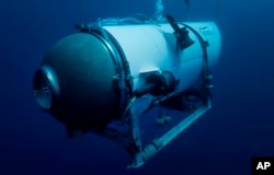 FILE - This undated photo provided by OceanGate Expeditions in June 2021 shows the Titan submersible.  (OceanGate Expeditions via AP, File)