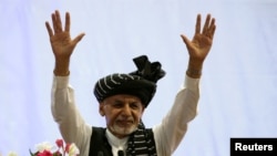 Afghan President Ashraf Ghani campaigns for re-election at a rally in Kabul, Afghanistan, Sept. 13, 2019. 
