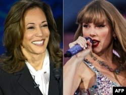 Kompilasi foto Wakil Presiden dan calon presiden dari Partai Demokrat Kamala Harris tersenyum dan penyanyi sekaligus penulis lagu Amerika Taylor Swift. (Foto: AFP)