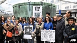 French Holocaust survivors and activists attend a gathering of Hachomer Hatzair at the Memorial de la Shoah Holocaust museum in Paris on Nov. 18, 2023. 