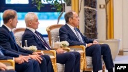 FILE — In this handout picture provided by the UAE Presidential Court, Russia's Foreign Minister Sergey Lavrov (R) looks on during a meeting between the Russian and Emirati presidents at Qasr Al-Watan palace in Abu Dhabi, on December 6, 2023.