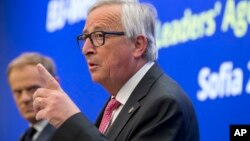 European Commission President Jean-Claude Juncker speaks during a media conference at the conclusion of an EU and Western Balkan heads of state summit at the National Palace of Culture in Sofia, Bulgaria, May 17, 2018.