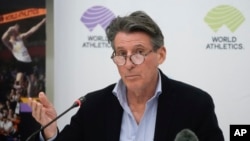 FILE - World Athletics President Sebastian Coe of Britain, shown in 2022, is among seven candidates to become president of the International Olympic Committee. He was a 1980 and 1984 Olympic champion in the 1,500 meters.