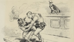 "Who is master?" A cartoon from the New York Herald shows Theodore Roosevelt struggling with a wrestler representing the railroads, as Uncle Sam watches.